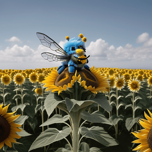 AI generated: An intricately detailed plush bumble bee with blue and yellow fur sits on the edge of a massive sunf...