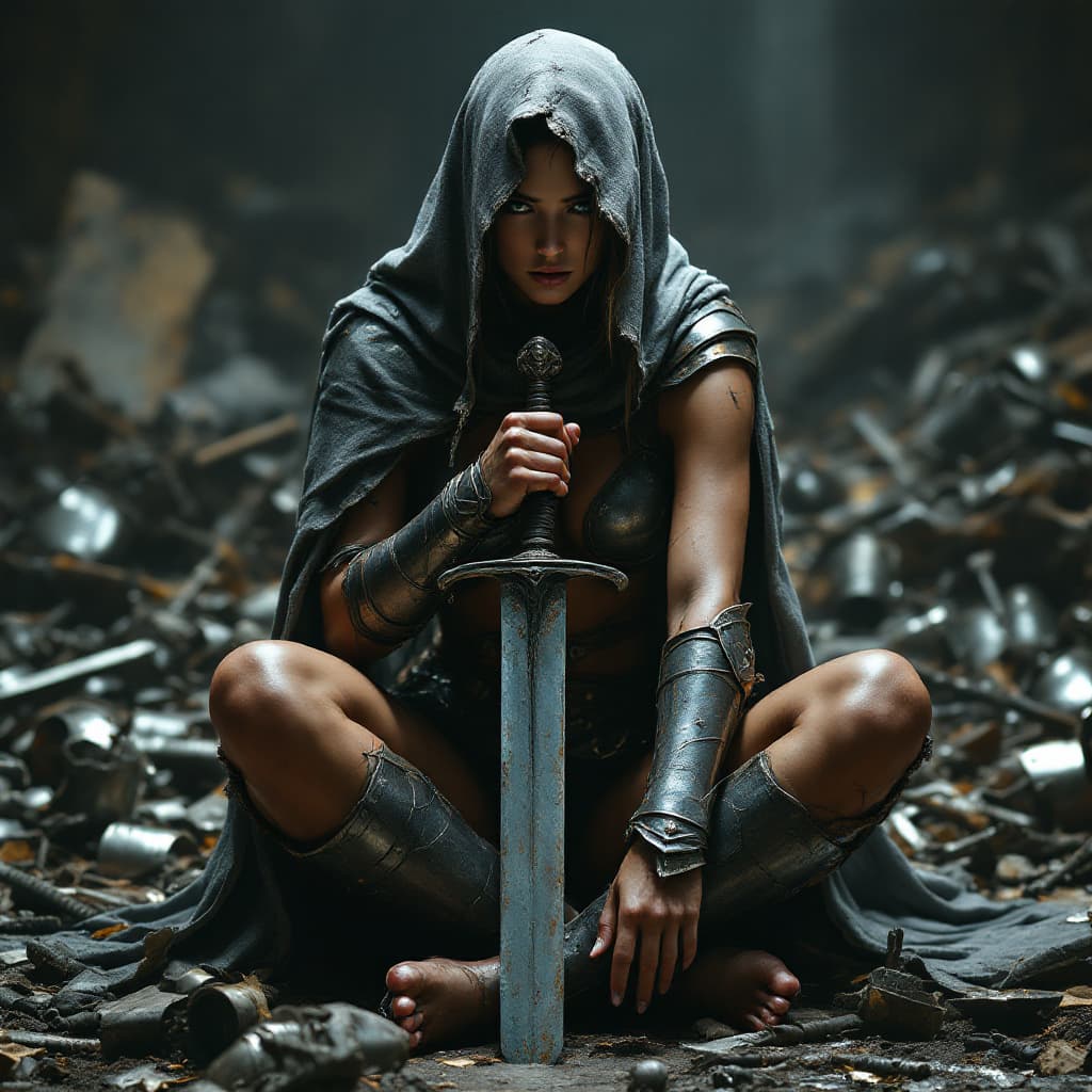 AI generated: A powerful female warrior sits in a contemplative pose, partially obscured by a tattered gray cloak ...