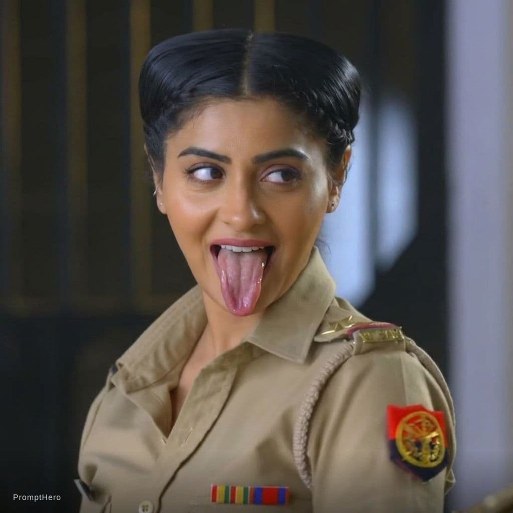 AI generated: Make her tongue out more long wide realistic with visible teeth and saliva on tongue but maintaining...