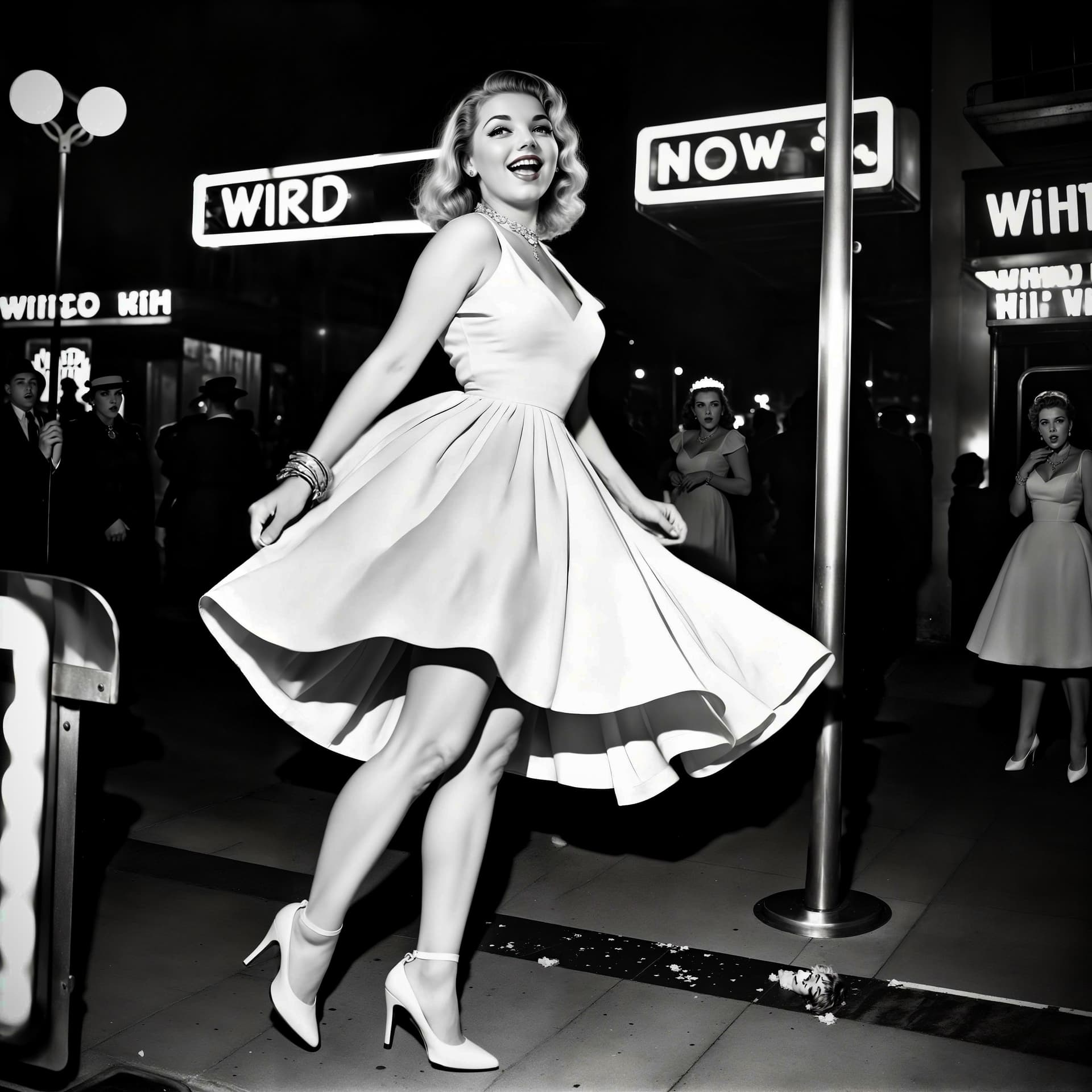 AI generated: Raw photo of woman <lora:myownface:1>, 1950s glamour, urban street setting, reminiscent of New York ...
