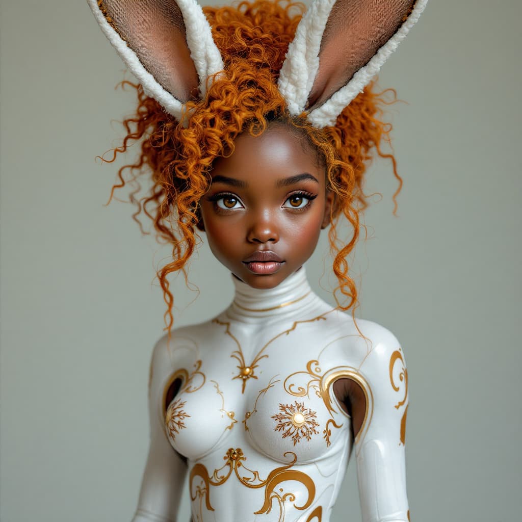 AI generated: Realistic photograph of a girl, with bunny ears, Brown skin, big eyes and curly orange hair, with in...