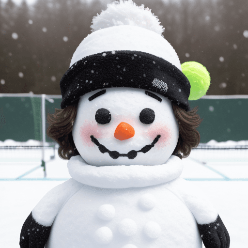 AI generated: a snowman, front view, in a snowy tennis court, with hair and hair band, smiling, look like Roger Fe...