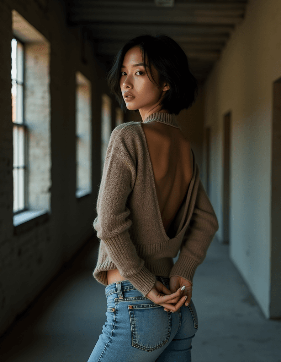 AI generated: High fashion half body photo of a 25 year old asian female supermodel, very thin, small breast, flat...