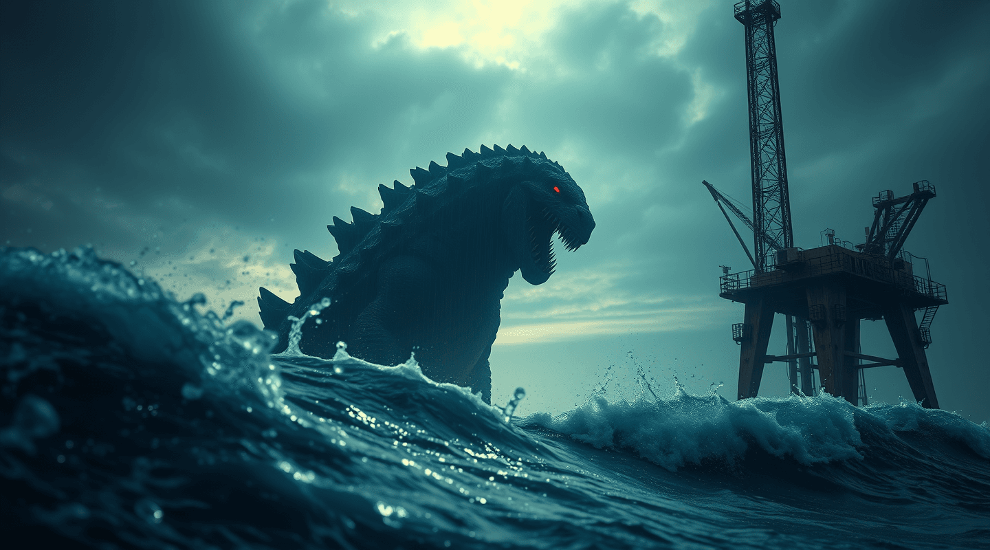 AI generated: RAW photograph of Gojira, going to an oil rig platform