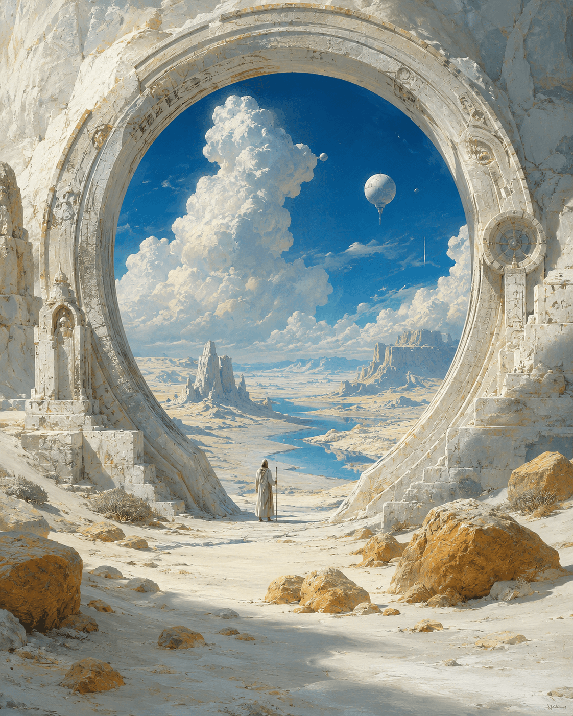 AI generated: Vast surreal desert landscape viewed through a massive circular white stone arch, natural portal fra...