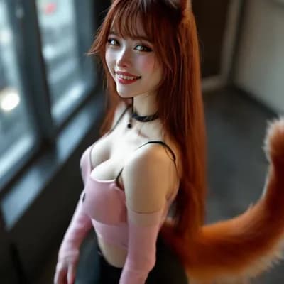 AI generated video: Twisting back and forth, sultry pose, crossing arms beneath her chest, tail flicking behind her.