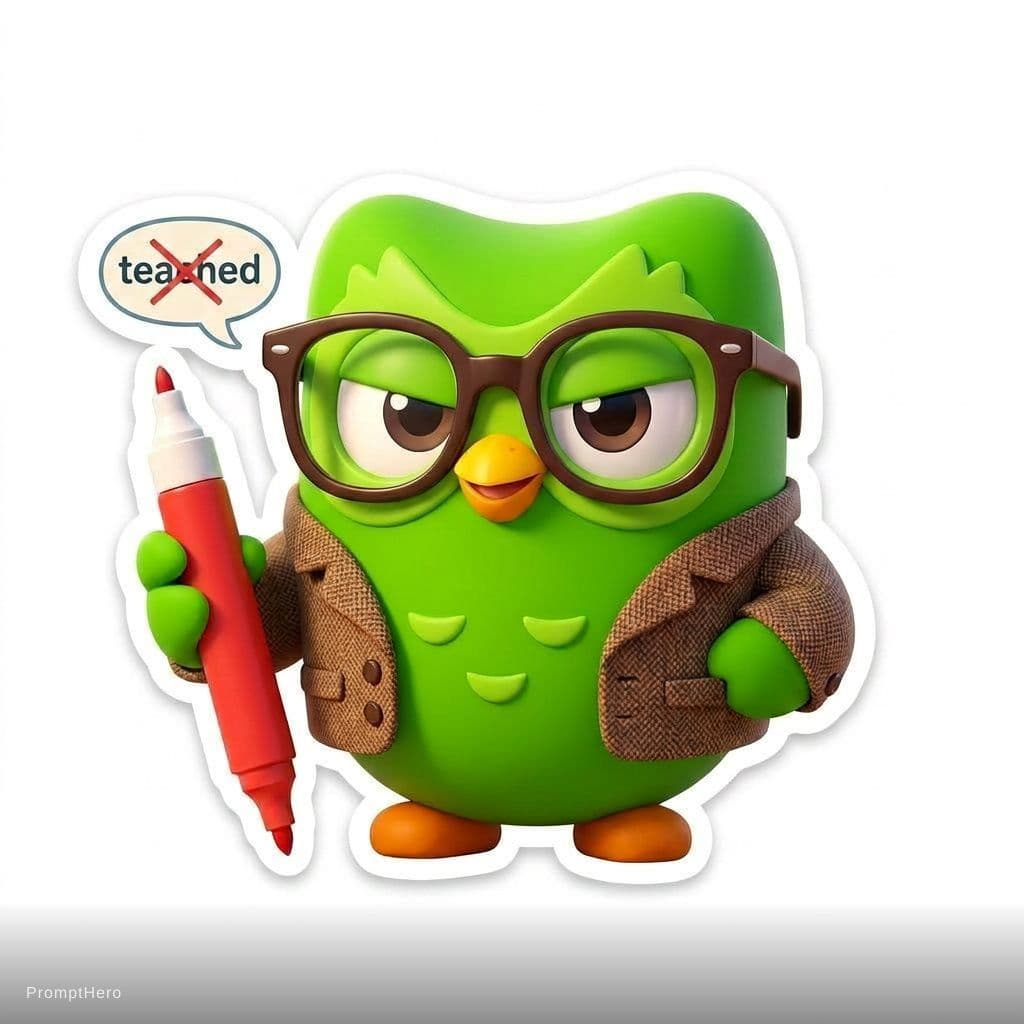 AI generated: A single cute chubby green cartoon owl with big expressive eyes, wearing thick-rimmed glasses and a ...