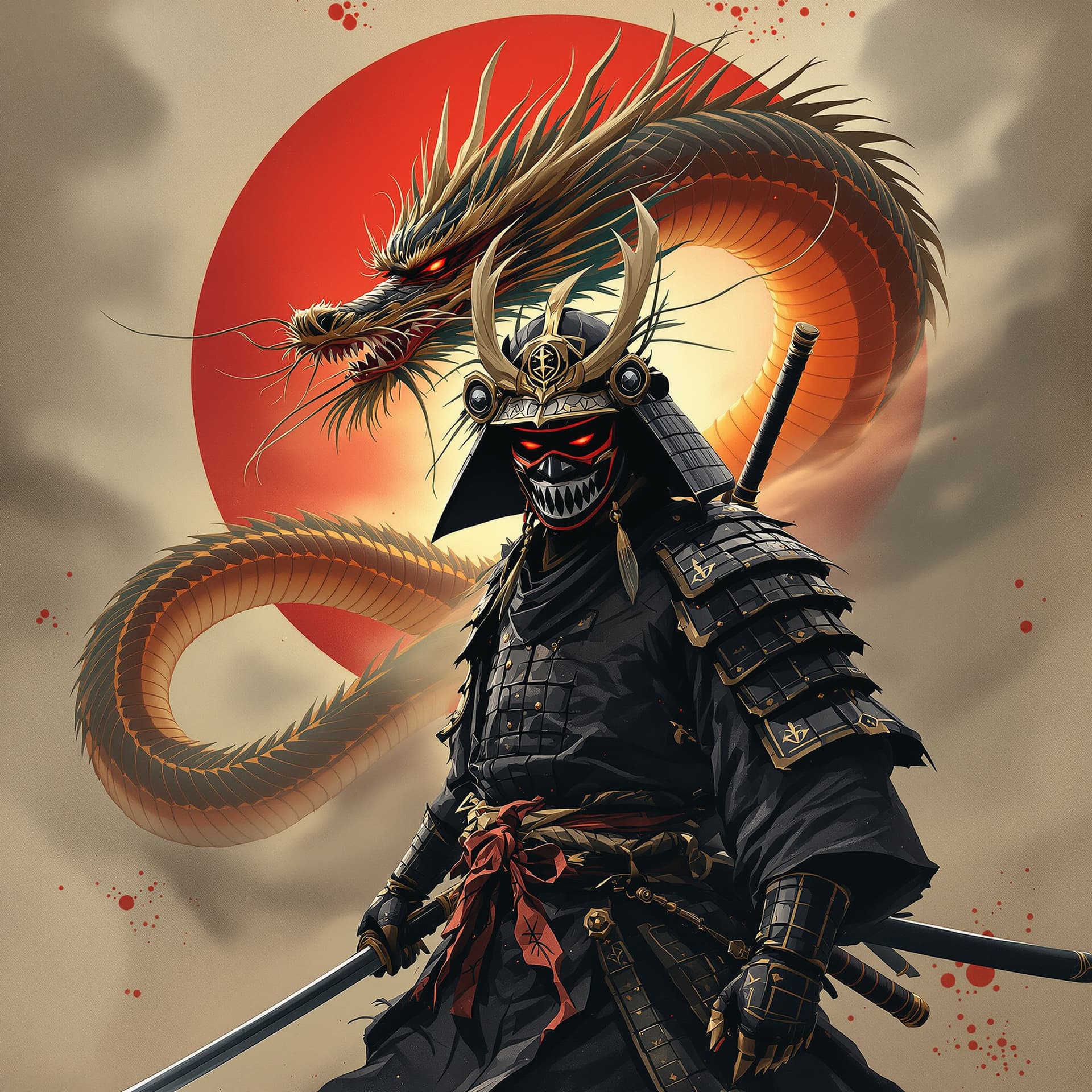 AI generated: japanese samurai in front of a japanese dragon,  ritualistic masks, Katana, realistic
