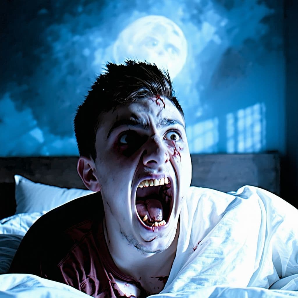 AI generated: Joshua Barraclough sees demons at the end of his bed and screams blood curdling screams with eyes fu...