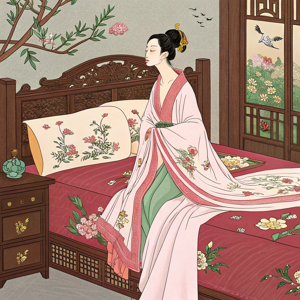 AI generated: (sex:1.4),NSFW,(hanfu),no bra,no panties,
redwood carved bed, mandarin ducks pattern, embroidered s...