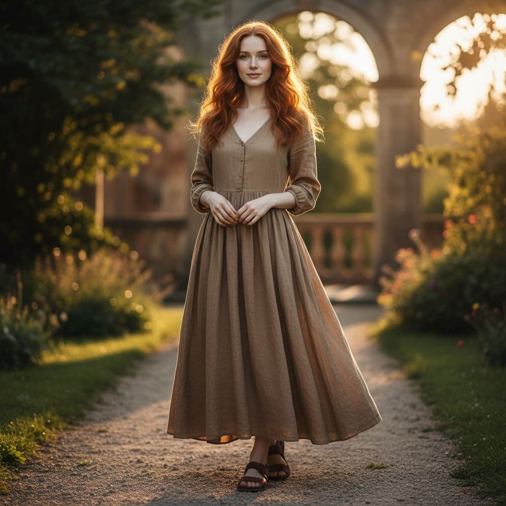 AI generated: Full Body View, Full Body Image, 29-year-old woman, ginger hair in soft waves, porcelain-white skin,...