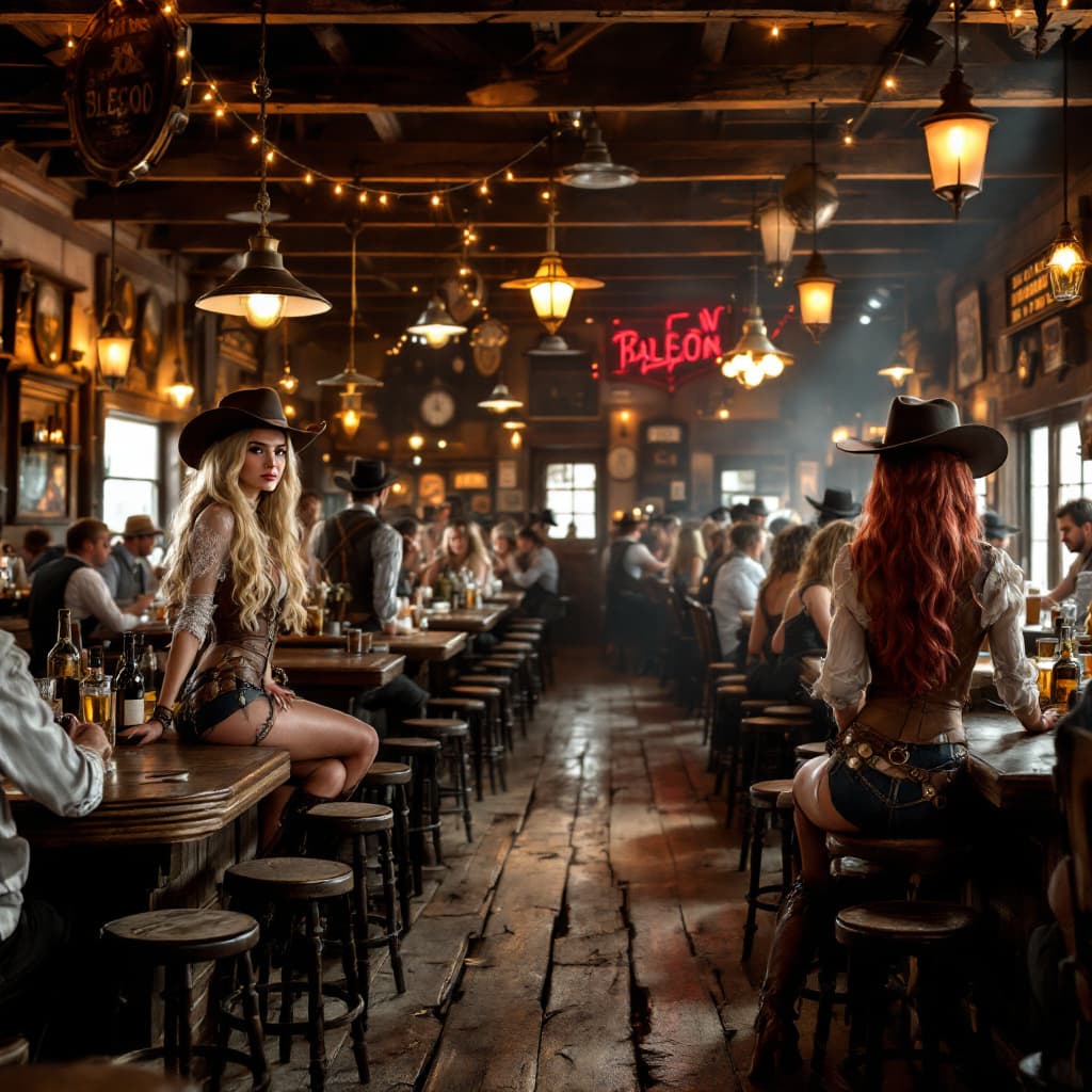 AI generated: wide view of a saloon. A Vibrant Old West saloon filled with lively patrons and lovely old west fema...