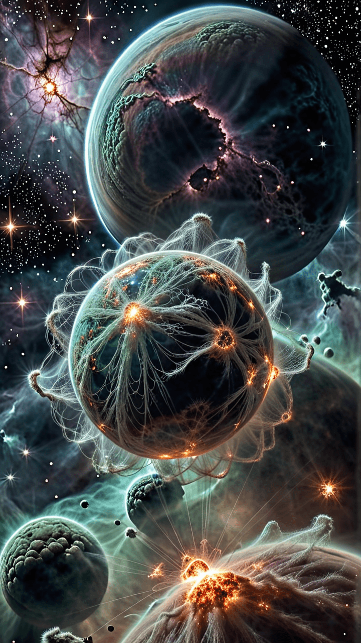 AI generated: A view of galaxies in a parallel universe where the known rules of nature do not apply. Fuzzy nebula...