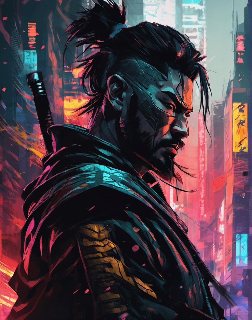 AI generated: digital portrait of a brutal cyberpunk samurai supervillain, badass, anime, in the style of comics, ...