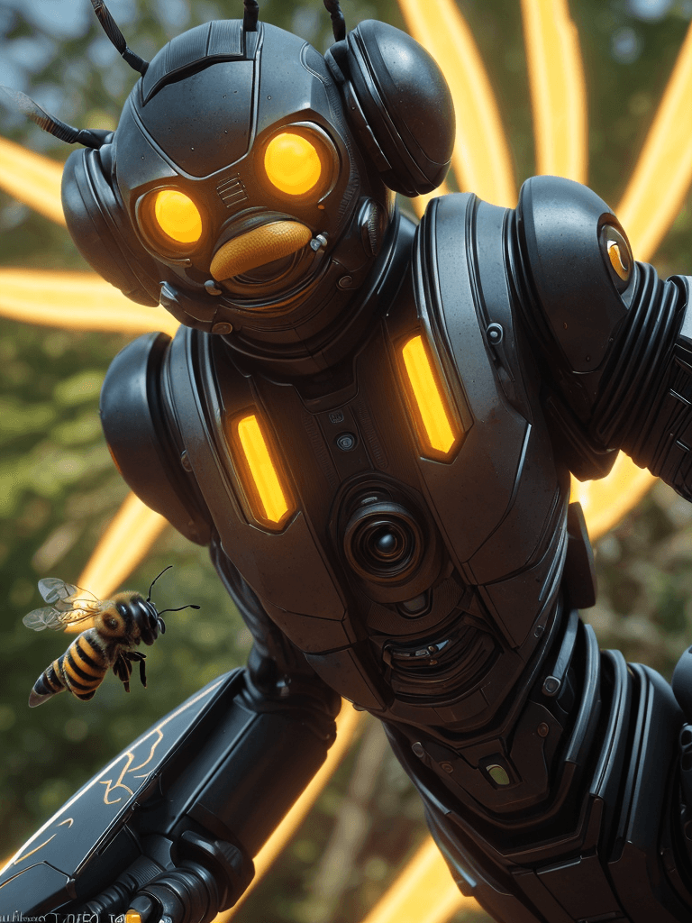 AI generated: portrait of biorobotic and armed bee, 8k full HD, low angle, unreal engine 5, cinematic, masterpiece...