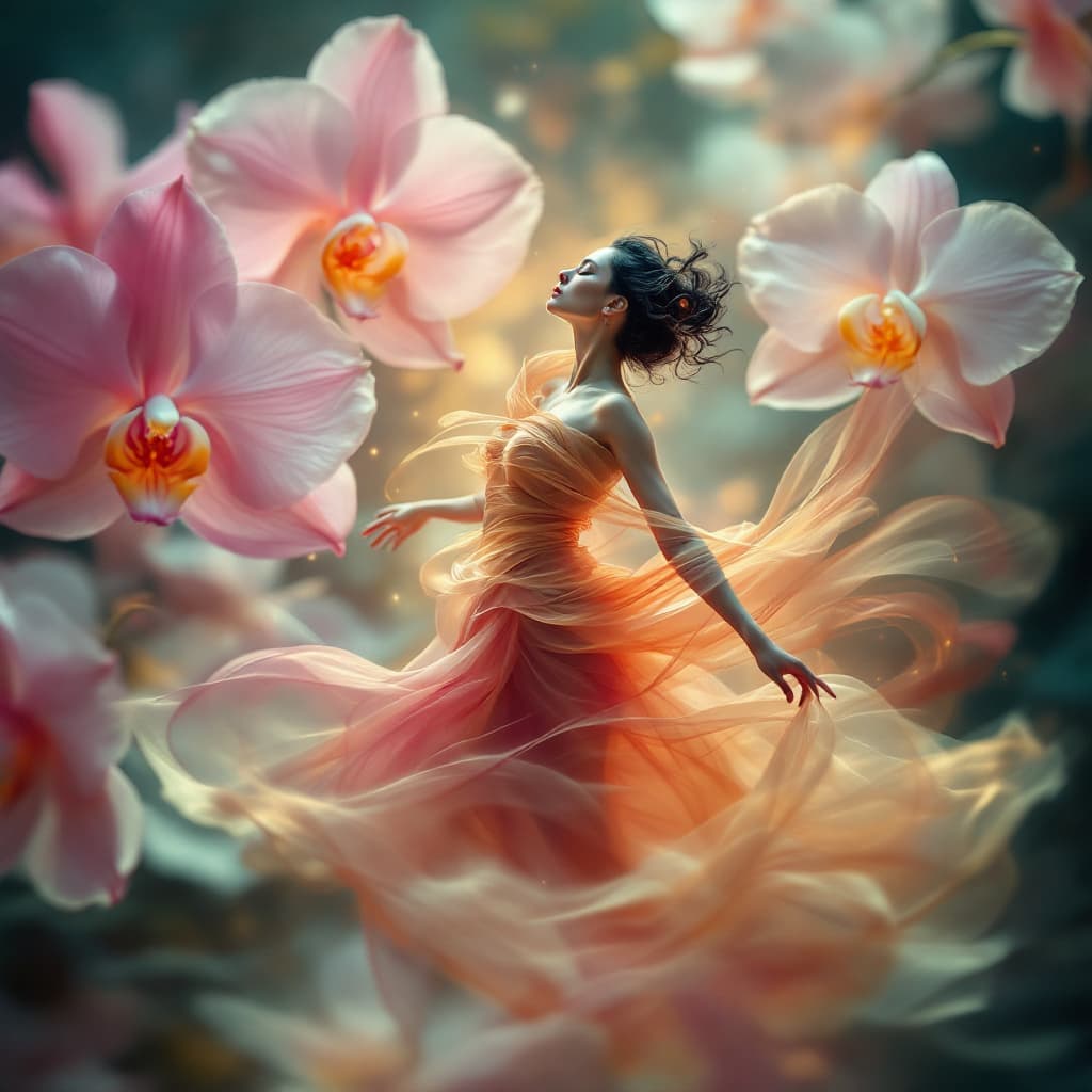 AI generated: triple exposure beautiful of an ethereal dancer in flowing fabrics surrounded by large orchid petals...