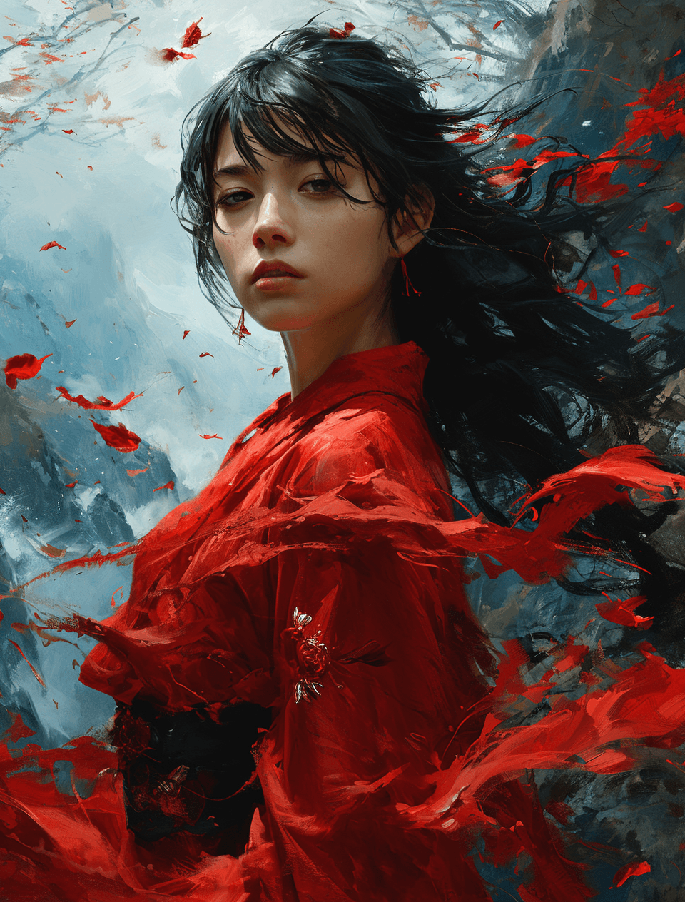 AI generated: an anime girl in red with long hair, in the style of zen-inspired ink painting, flowing silhouettes,...