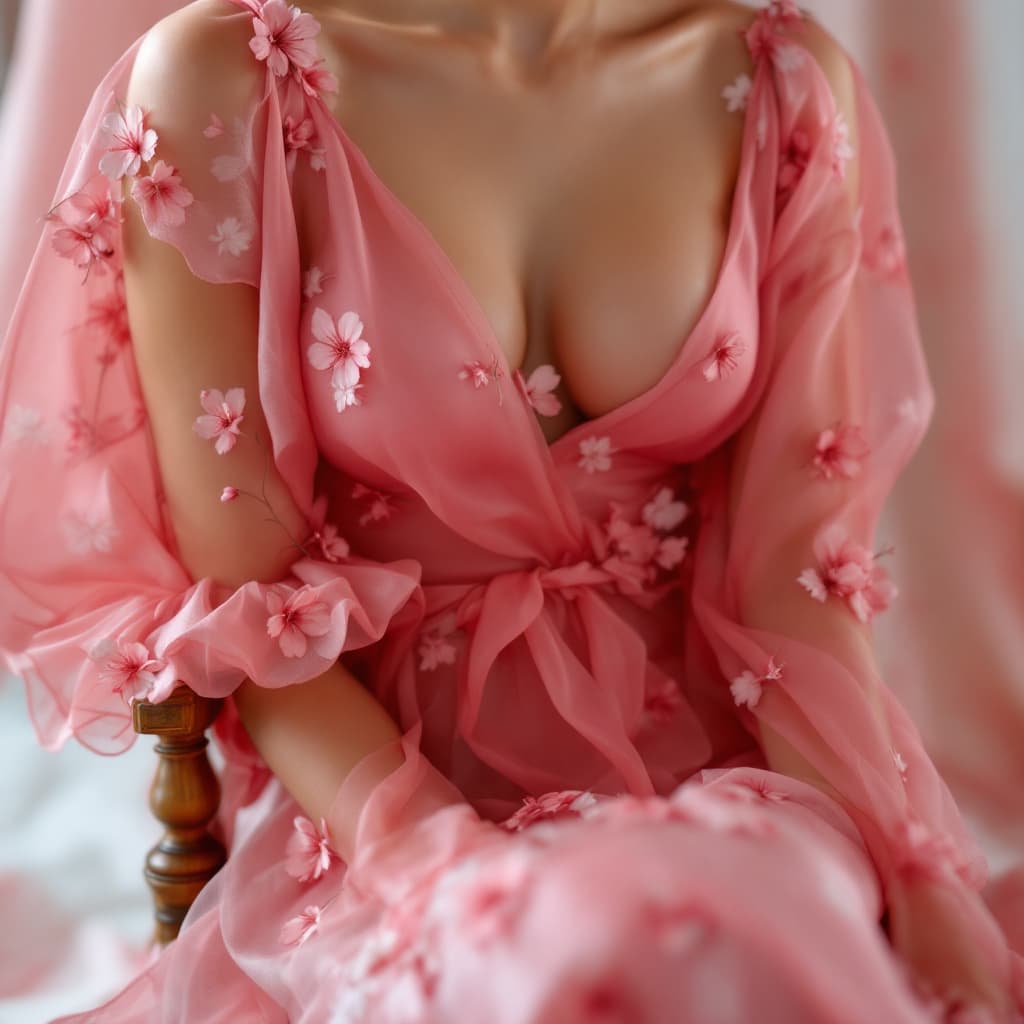 AI generated: a close up of a woman in a pink dress sitting on a chair, flowing sakura silk, wearing pink floral c...