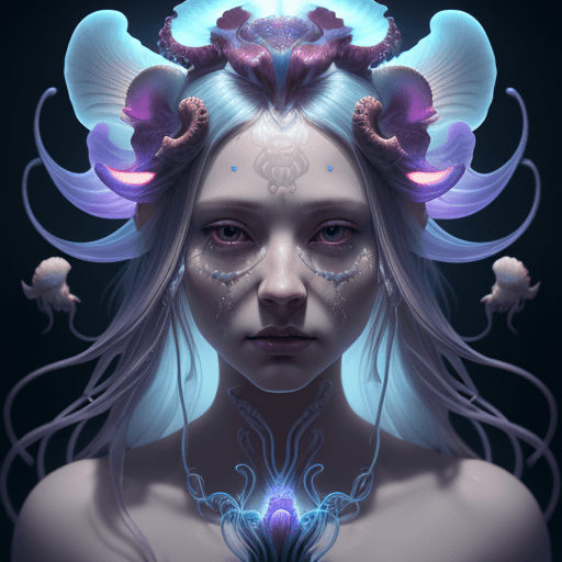 AI generated: Goddess close-up portrait ribcagel. jellyfish phoenix head, nautilus, orchid, skull, betta fish, bio...