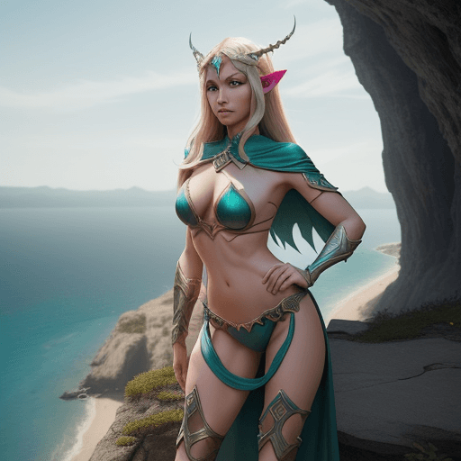 AI generated: An elven paladin in a platemail bikini | Fierce pose | Standing on a cliff ledge overlooking a city ...