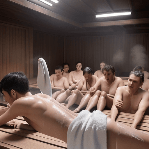 AI generated: 20 people in a hot steamy sweaty sauna. They are only wrapped in loose towels, if anything. The room...