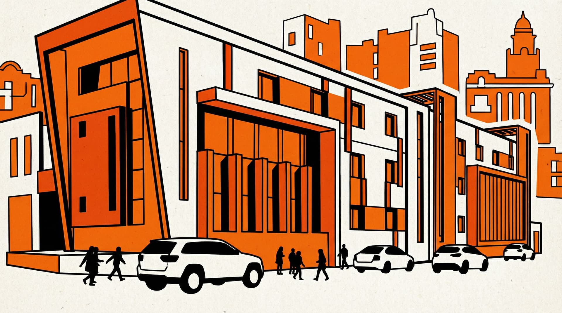 AI generated: vector drawing of an old building in the style of Paul Rand, surrounded by buildings from Montevideo...