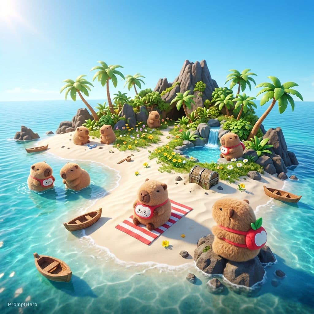 AI generated: isla desierta en día soleado de primavera habitada por capibares