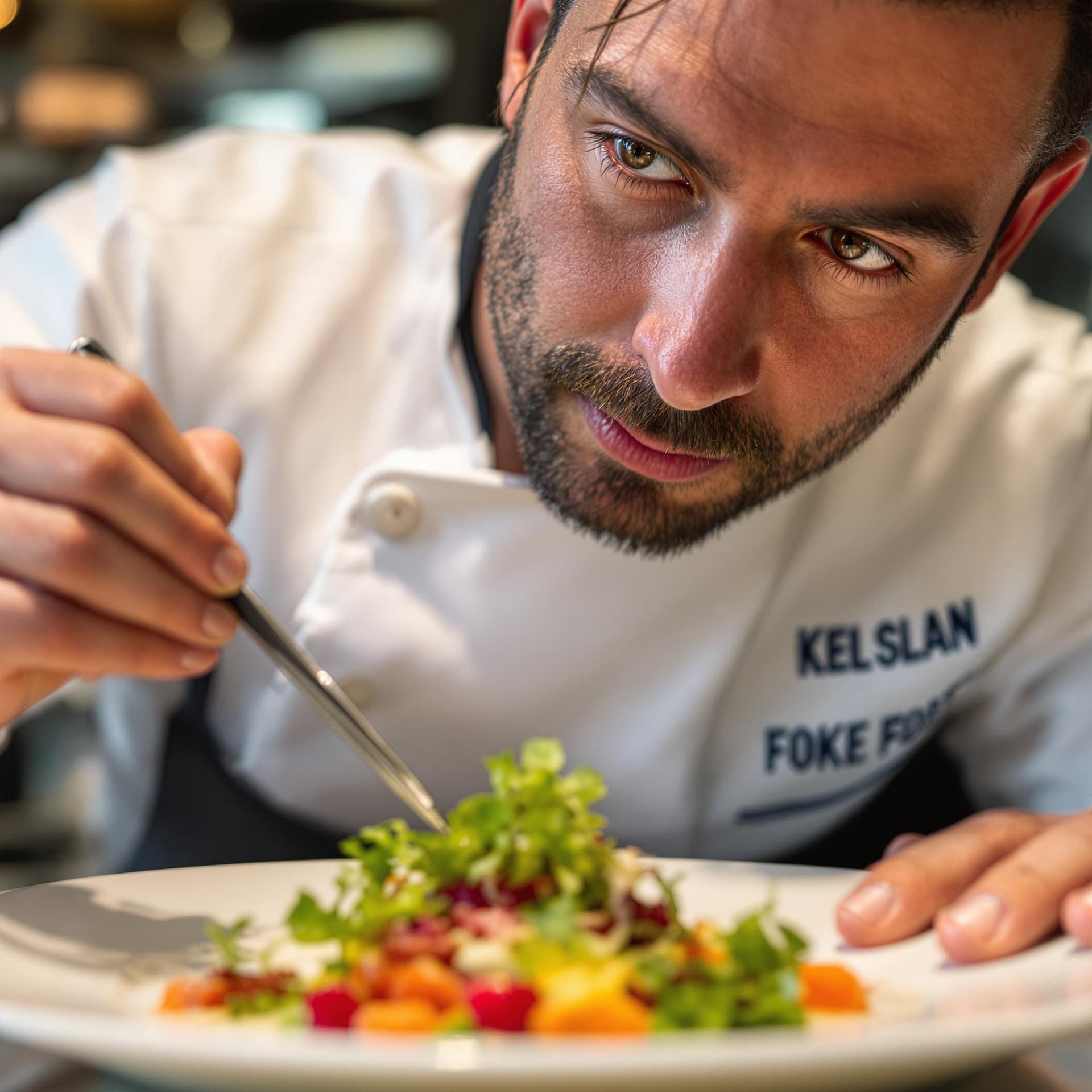 AI generated: A close-up of a passionate chef in his late 30s as he plates a gourmet dish. He has a neatly trimmed...