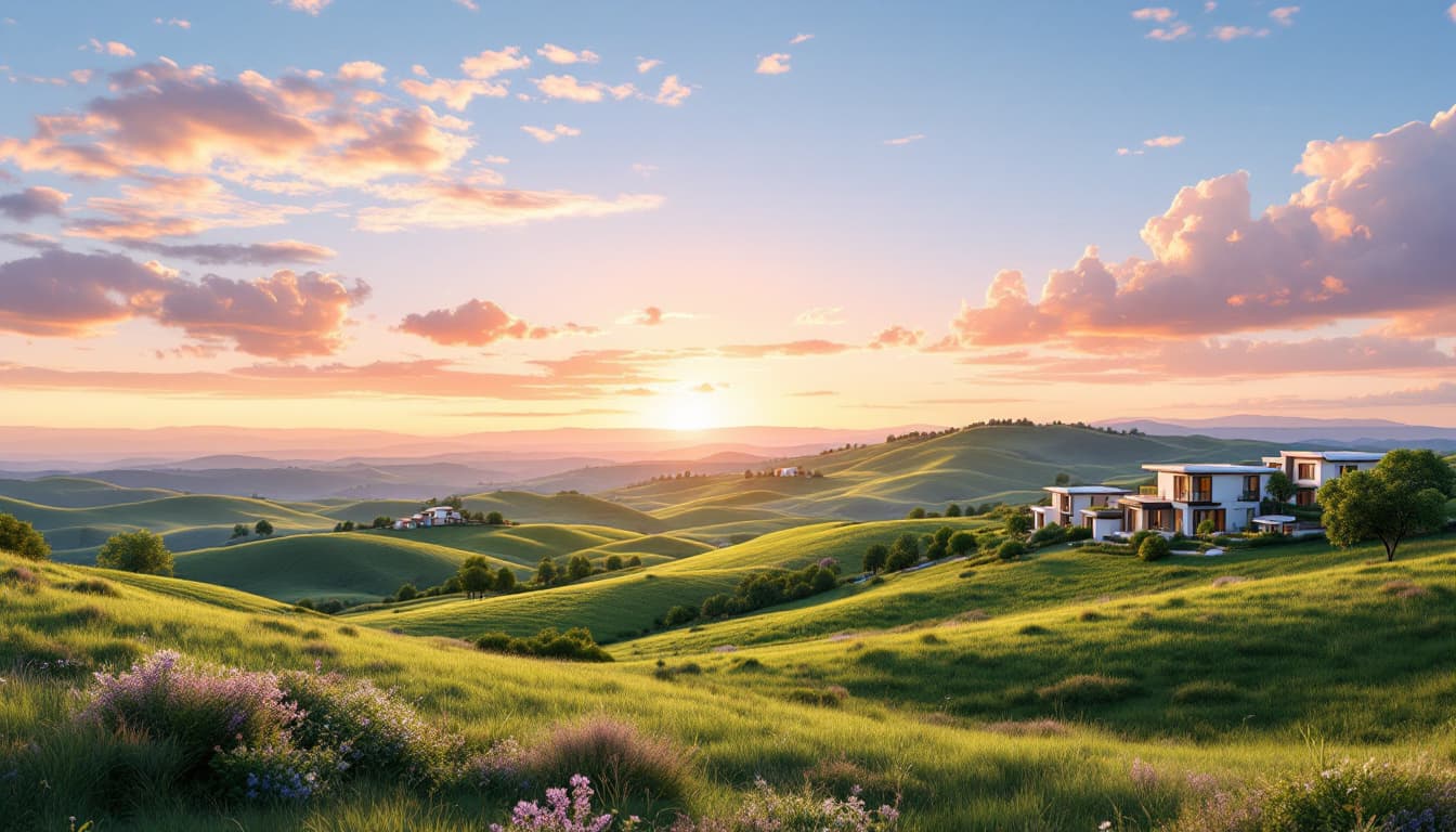 AI generated: A scenic, realistic landscape at sunrise or sunset with a wide open sky, rolling hills, and a few mo...