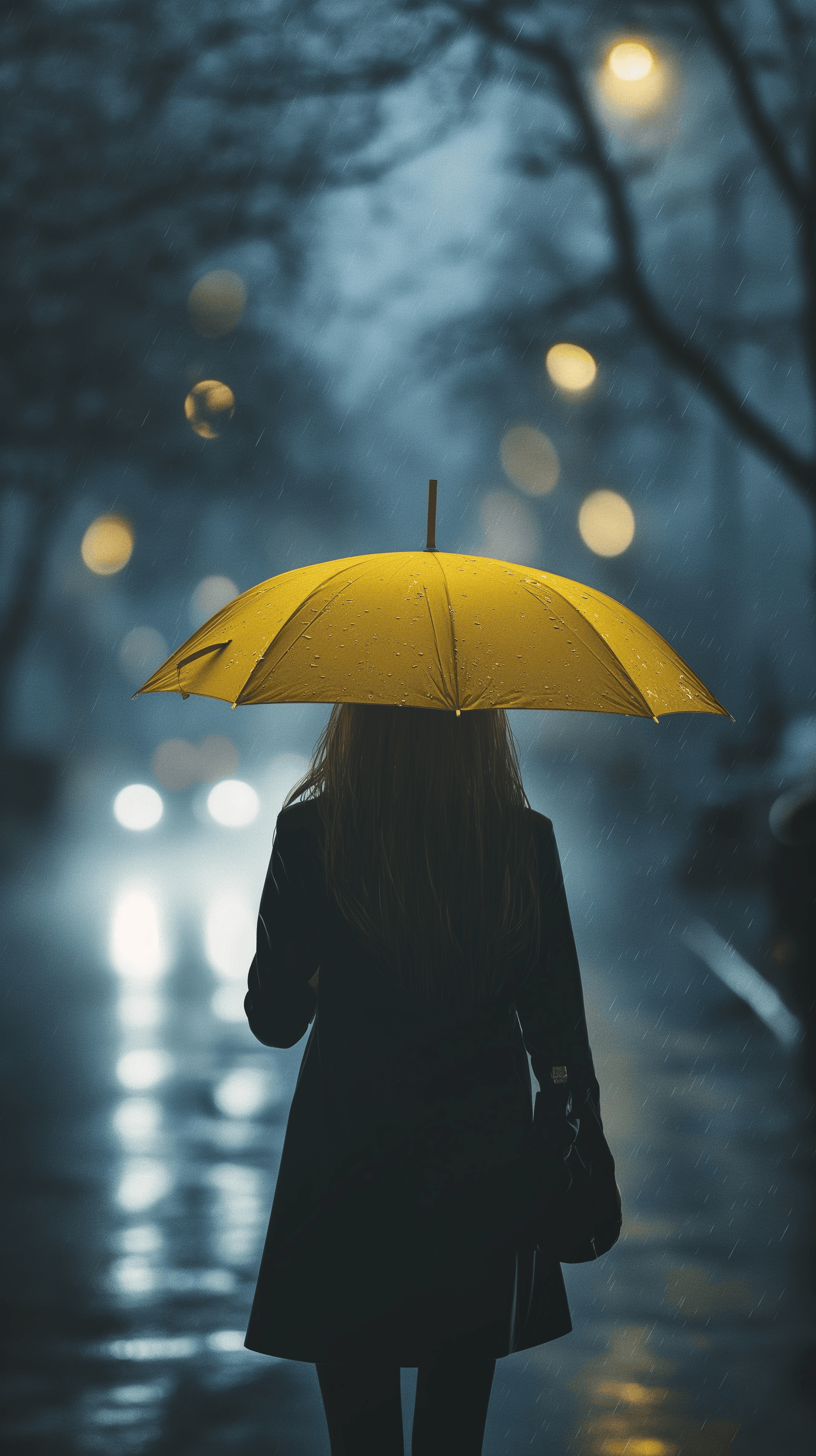 AI generated: cinematic, candid view, deep fog with rain, yellow umbrella with woman, riched detail --ar 9:16 --v ...