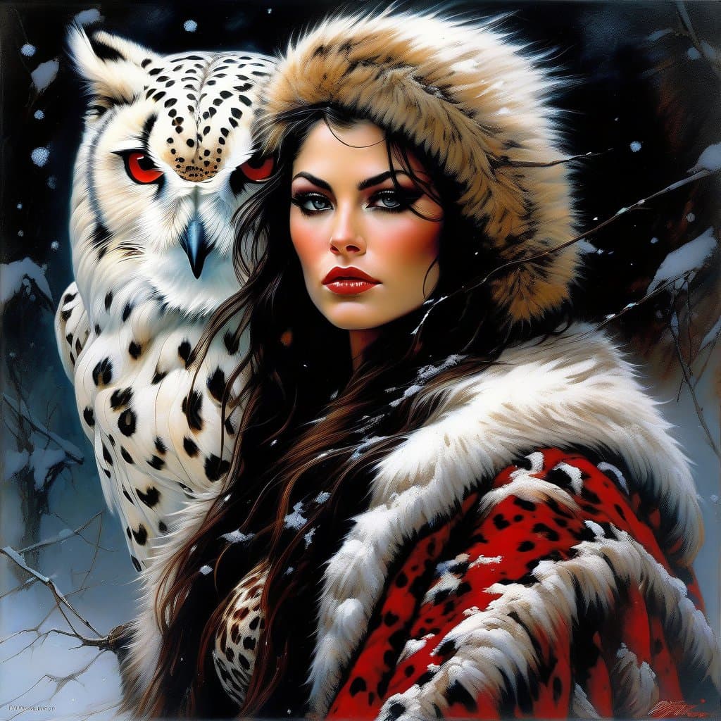 AI generated: A portrait of a female Winter Wildling, white owl, thick fur pelt winter coat, cinematic themes of f...