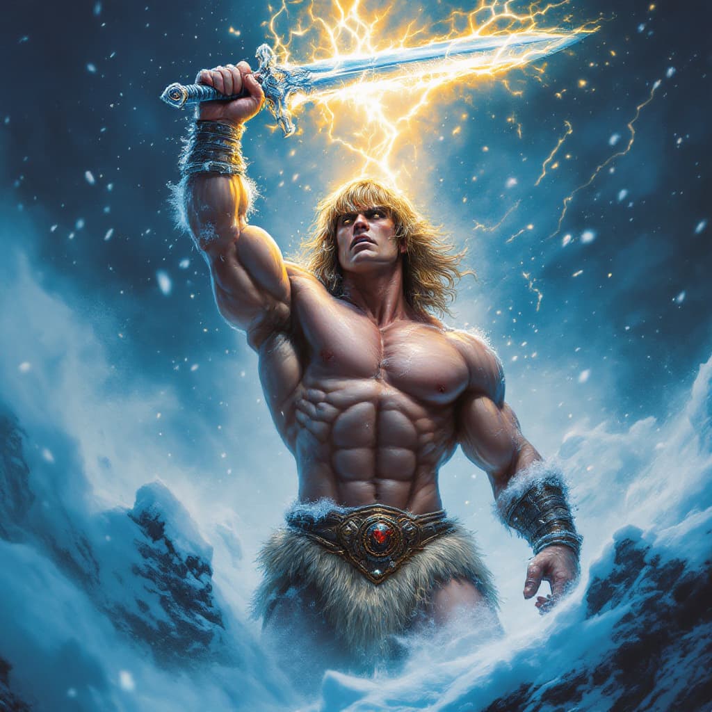 AI generated: : (Ultra-detailed, Boris Vallejo, hyper-realistic, cinematic, sharp focus:1.5), He-Man, the iconic h...