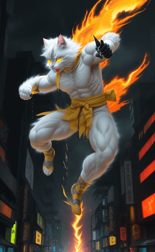AI generated: painterly style, photorealistic, more colorful, rage white fluffy cat cyber shadow  ninja warrior , ...