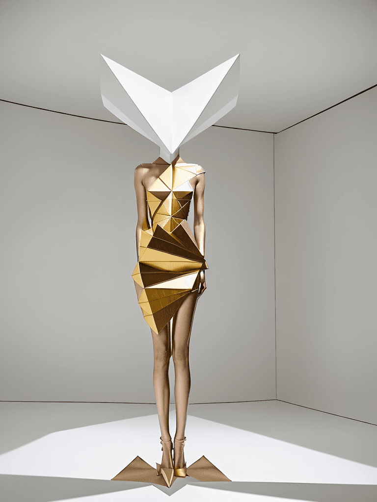 AI generated: avant-garde fashion masterpiece. A weightless dress that defies gravity, with sharp geometric lines....