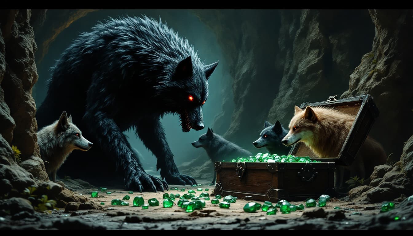 AI generated: Giant black wolf creature talking facing five wolves of different black, brown, and one reddish colo...