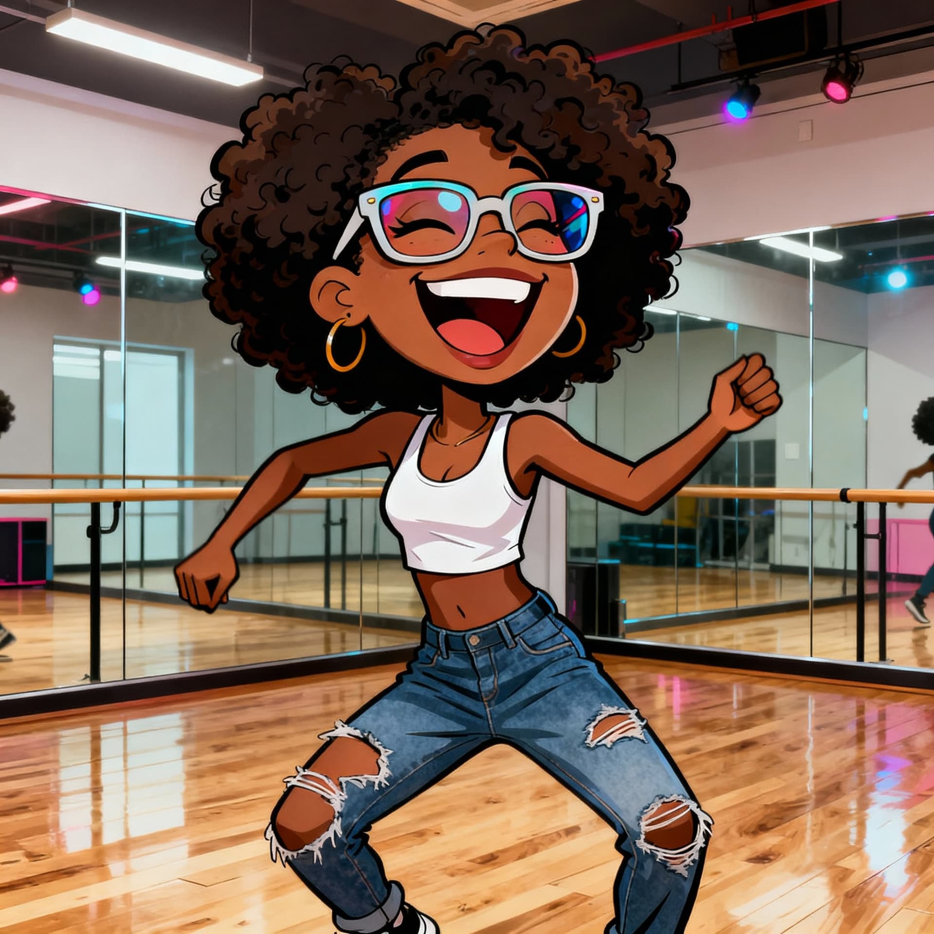AI generated:  funny caricature, hip-hop dancer caricature, young african-american female, 20 years old, big curly...