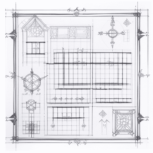 AI generated: detailed with notes, ink sketch of medieval preschool slick design clean lines blueprint perfect awe...