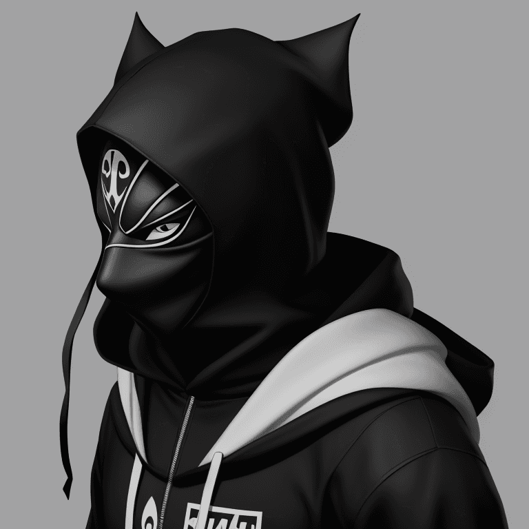 AI generated:  The image features a black and white stylized logo of a masked character. The mask has a hood and i...