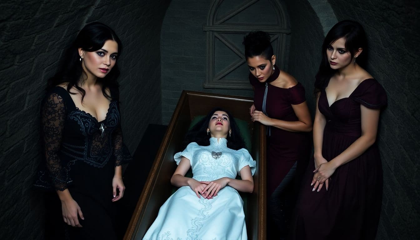 AI generated: The image depicts a haunting scene of four women in a crypt, with one lying in a coffin and the othe...
