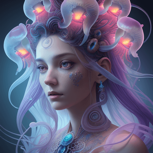AI generated: Goddess close-up portrait ribcagel. jellyfish phoenix head, nautilus, orchid, skull, betta fish, bio...