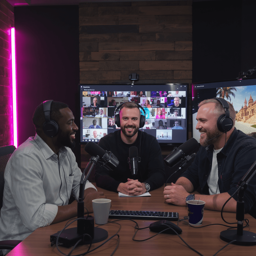 AI generated: 3 person modern day virtual podcast studio the podcasters should be on a screen

