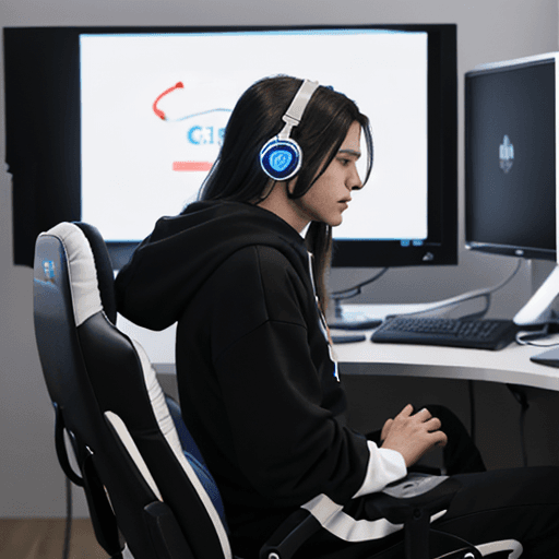 AI generated: guy, on gaming chair, wearing headphones, hoodie,  long hair, facing computer, side view, minimalist...