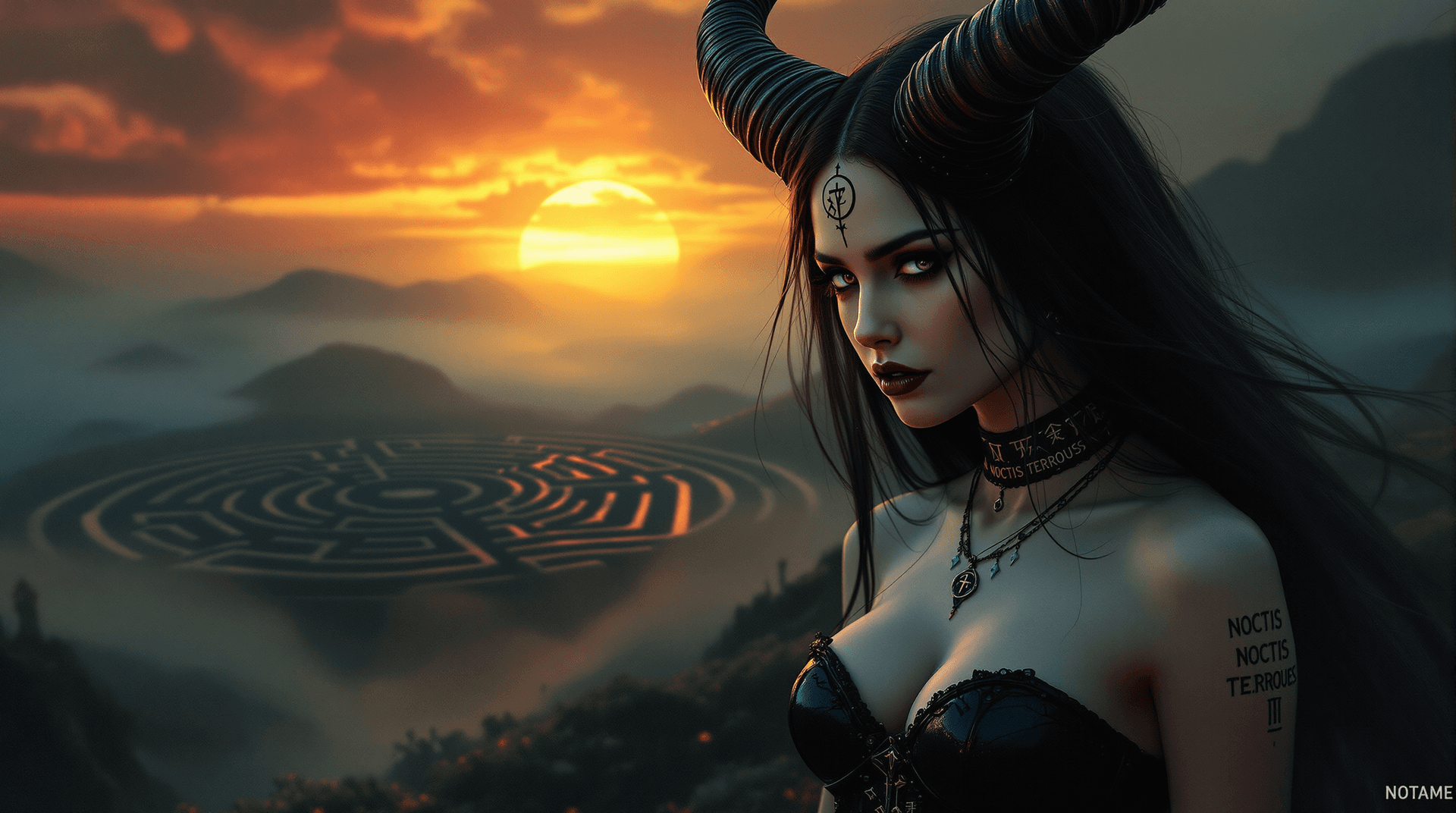 AI generated: A record-album cover, fantasy art: A powerful yet vulnerable female demon, reminiscent of Beksiński'...