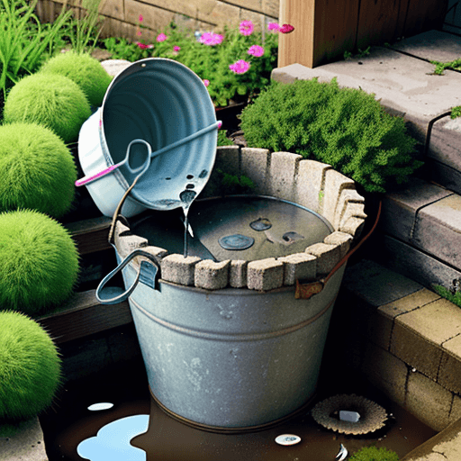 AI generated: A garden bucket with a hole at the bottom, sitting on a step, with a puddle of water coming from the...