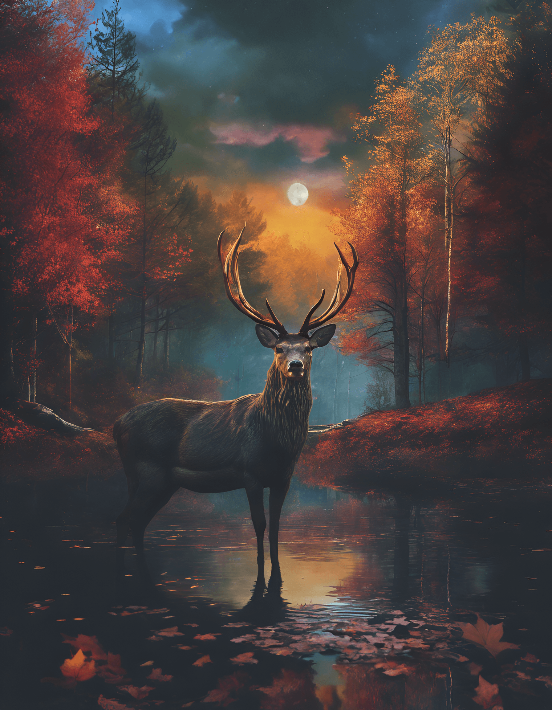 AI generated: a photography of stag in a forest in autumn, in front of a lake, end of day, leaves, surreal, tame c...