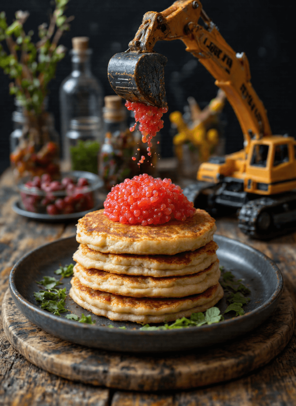 AI generated: The image depicts a creative culinary presentation where pancakes are stacked atop one another on a ...