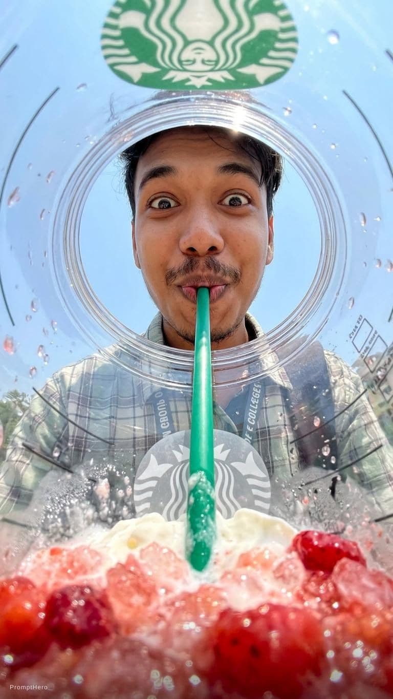 AI generated: {
  "prompt": "View from inside a Starbucks strawberry frappuccino cup looking up, fisheye lens extr...