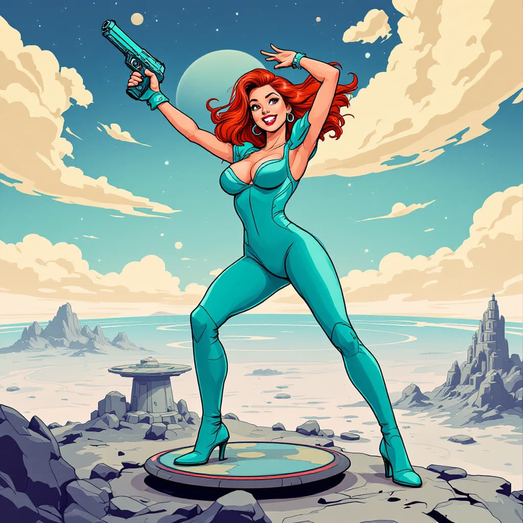 AI generated: A dynamic, full-body illustration of a female character, reminiscent of classic animation or comic b...
