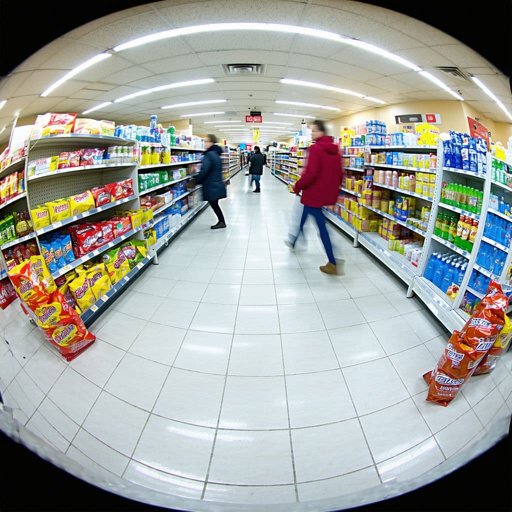 AI generated: A fisheye lens view from a ceiling-mounted security camera top to bottom in a convenience store. The...