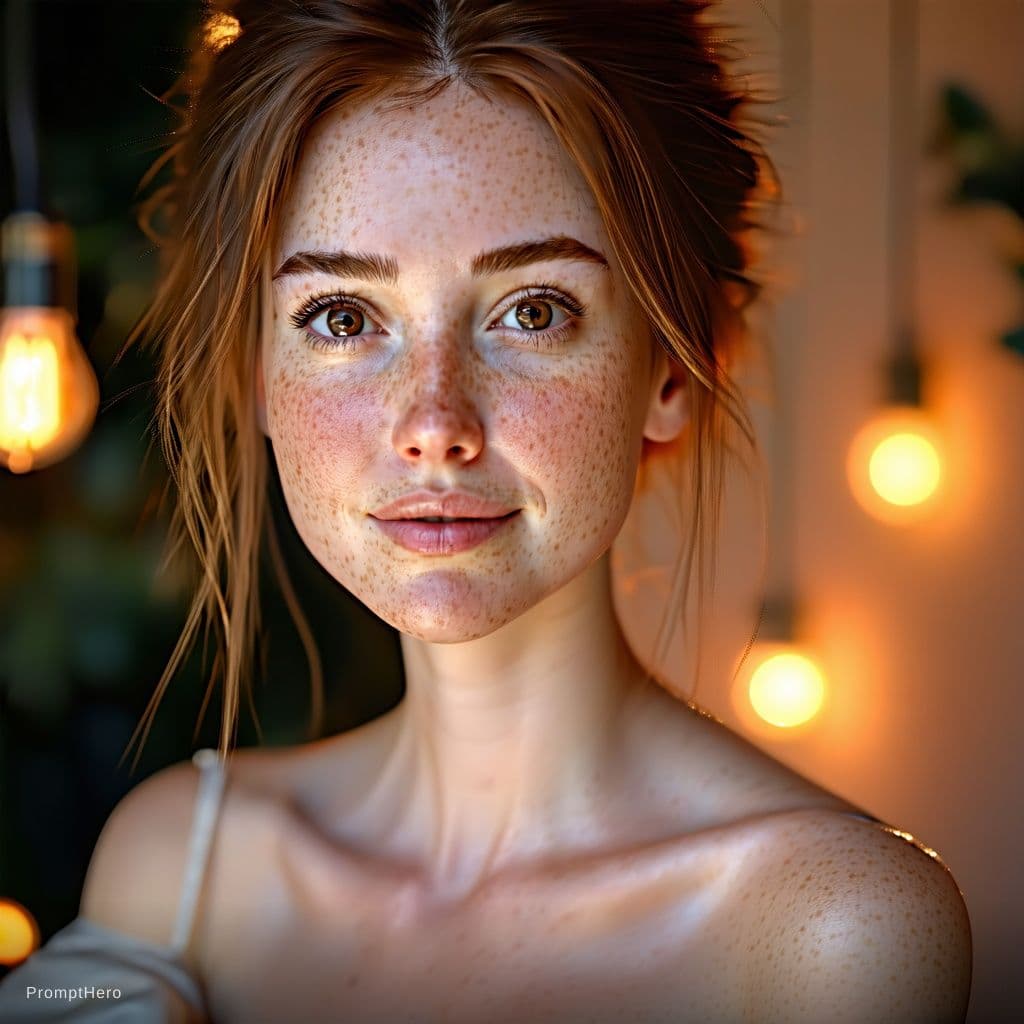 AI generated: A hyperrealistic photo of a woman with a captivating, mesmerizing stare, her freckled skin glowing u...
